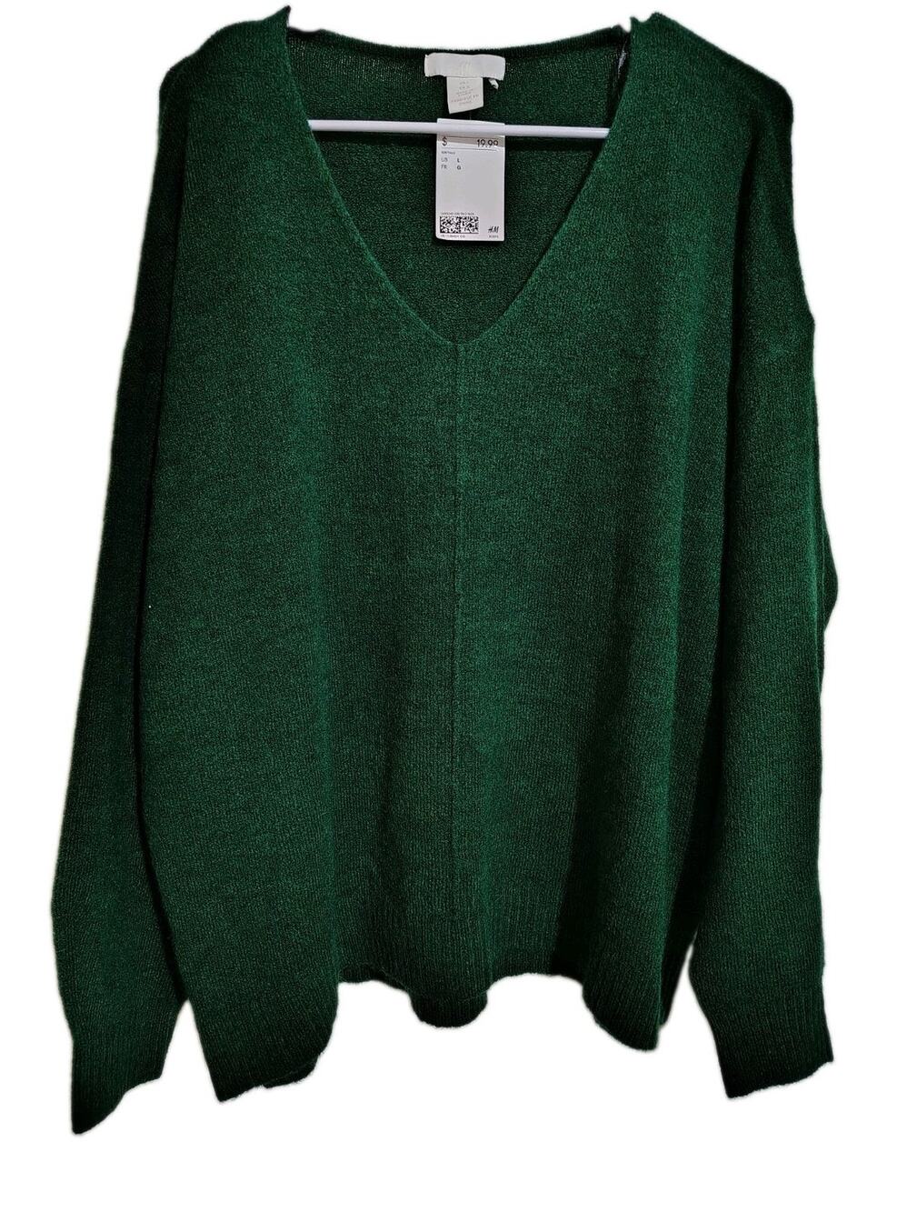 H&M Sweater Size Large Woman's Green Relaxed Fit Oversized V-neck Ribbed Cuffs